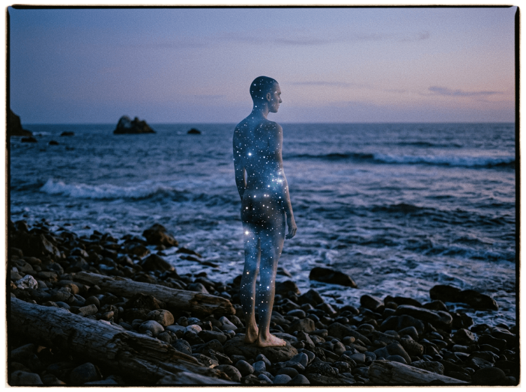 Person on rocky beach with cosmic stars overlay